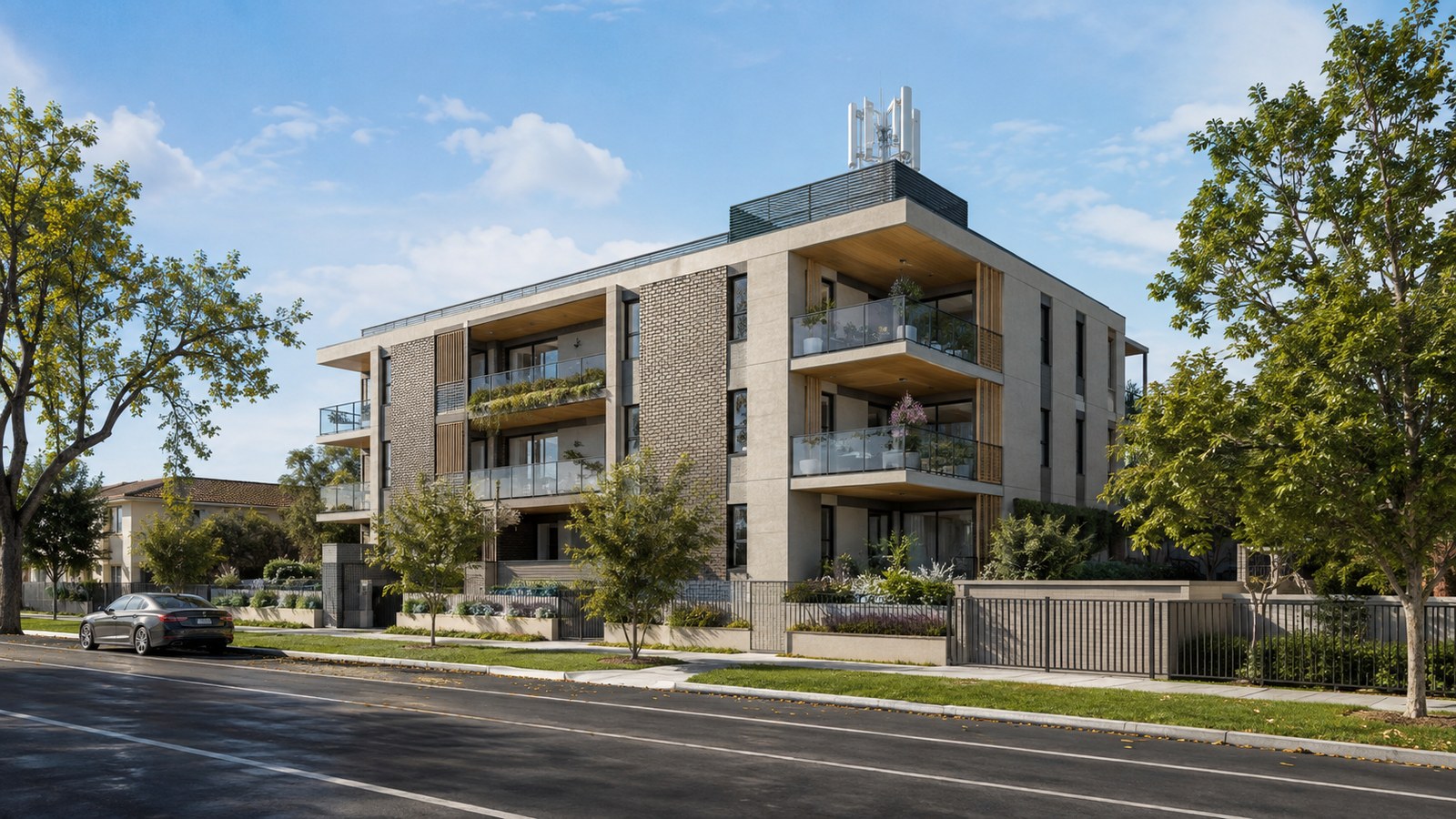 Demonstration planning visualisation of a modern apartment building with rooftop telecommunications infrastructure
